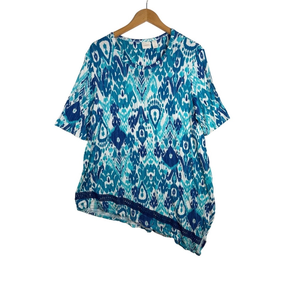 Chico's Sz 3 | US XL Blue Green Angle Cut Stretchy 1/2 Sleeve Blouse Shirt Top